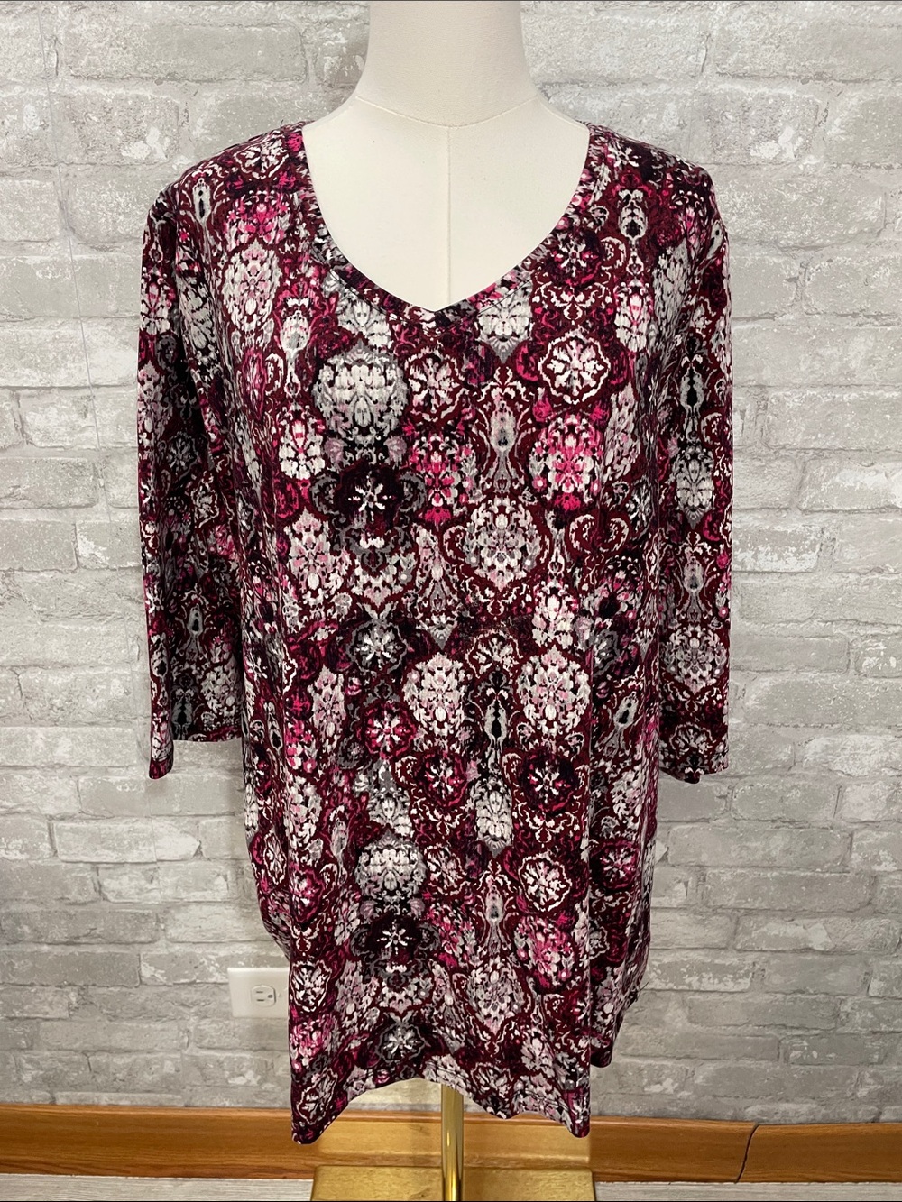 Catherines Burgundy and Pink Floral Medallion V-Neck Tunic